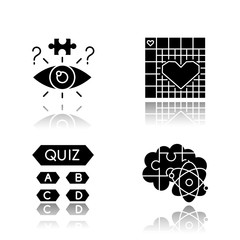 Puzzles and riddles drop shadow black glyph icons set. Trivia quiz. Nonogram. Logic games. Problem solving process. Mental exercise. Challenge. Visual brain teasers. Isolated vector illustrations