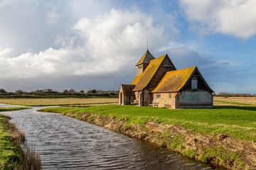 A view of St Thomas a Becket Church at Fairfield, on Romney Marsh in Kent