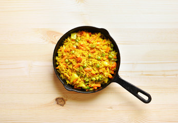 Vegetarian pilaf in frying pan