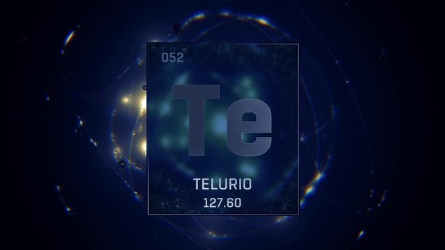 Tellurium as Element 52 of the Periodic Table. Seamlessly looping 3D animation on blue illuminated atom design background with orbiting electrons. Name, atomic weight, element number in Spanish langua