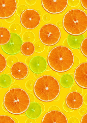 cute set with orange slices of orange, lemon and citron on a yellow background for menu or recipe, concept of vegetarian, vitamin and healthy food, background, textile, postcard, wallpaper