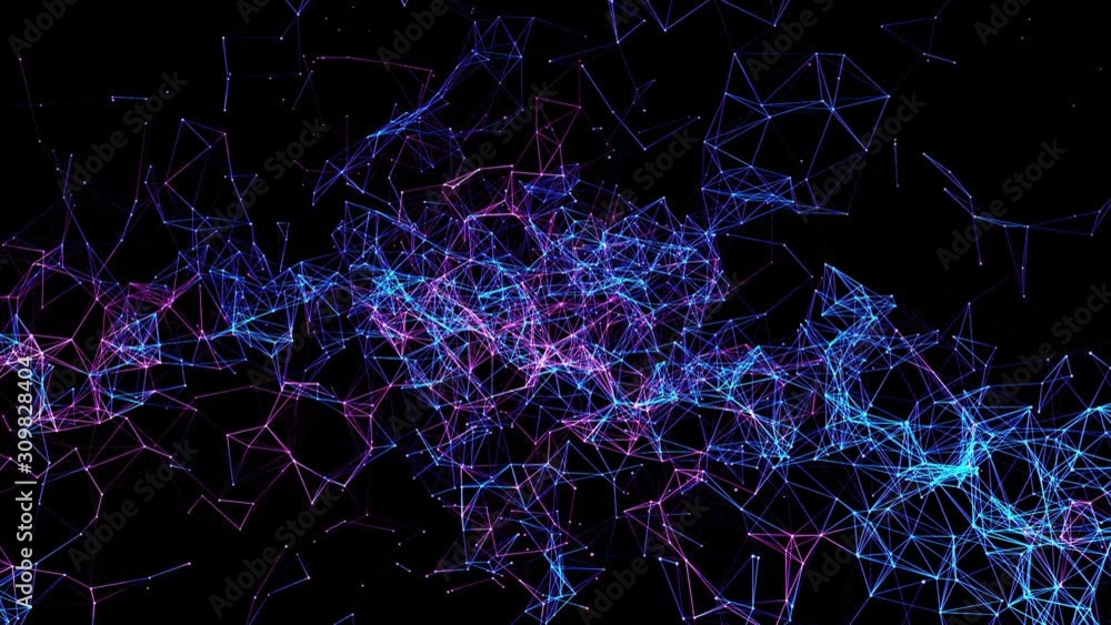 Poster round particles interconnected with a neon glow slowly move against a black background. abstract ani