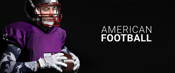 Handsome player and text AMERICAN FOOTBALL on dark background