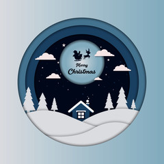 Santa floats on a hut in the snowy Christmas night.