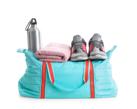 Sports Bag With Gym Equipment On White Background