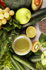 Healthy green smoothie and ingredients - detox and diet for health