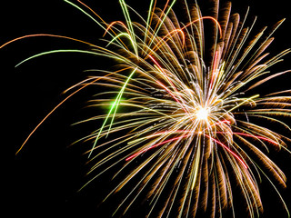 Closeup of fireworks on new years eve with beautiful colors and patterns