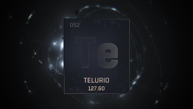 Tellurium as Element 52 of the Periodic Table. Seamlessly looping 3D animation on silver illuminated atom design background with orbiting electrons. Name, atomic weight, element number in Spanish lang