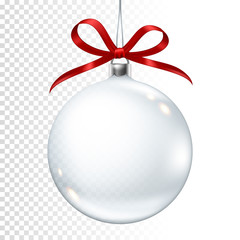 Realistic transparent christmas ball with bow, isolated on transparent background.
