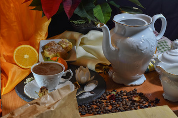 coffee with milk and pastries to drink