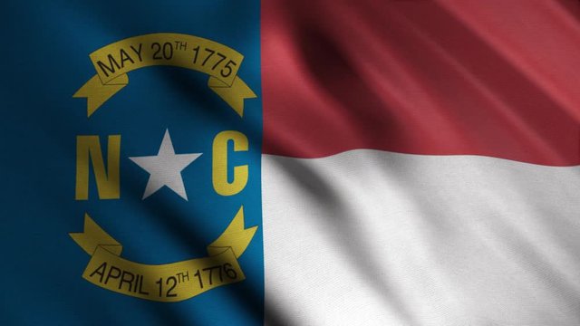 Close-up of waving flag of North Carolina. Animation. Patriotic background of rectangular flag with horizontal red and white and vertical blue stripes and gold letters N and C. Flags of States of
