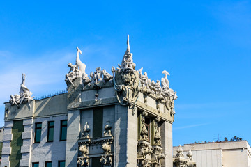 House with chimeras in Kiev, Ukraine. Art Nouveau building with sculptures of the mythical animals was created by architect Vladislav Gorodetsky between 1901 and 1903.