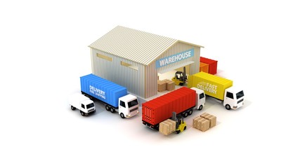 Online delivery service concept, online order tracking. Delivery home and office. City logistics. Warehouse, truck, forklift, courier, delivery man, on mobile.
