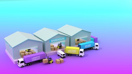 Online delivery service concept, online order tracking. Delivery home and office. City logistics. Warehouse, truck, forklift, courier, delivery man, on mobile.