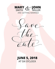 Fototapeta premium Save the date card with bride and groom silhouettes and hand written custom calligraphy