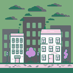 This vector illustration depicts a cozy city street with cute light pink houses. Brown houses and a green  sky with clouds were chosen as the background.