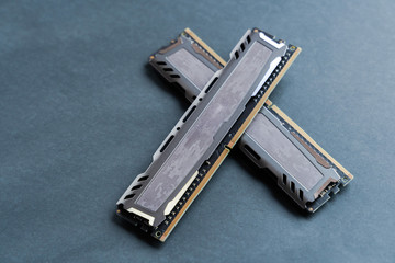  Two memory modules. Fast  DDR4 RAM. Gamer DRAM sticks. PC gaming components.