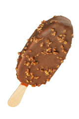 Popsicle with chocolate coating and peanuts isolated on white
