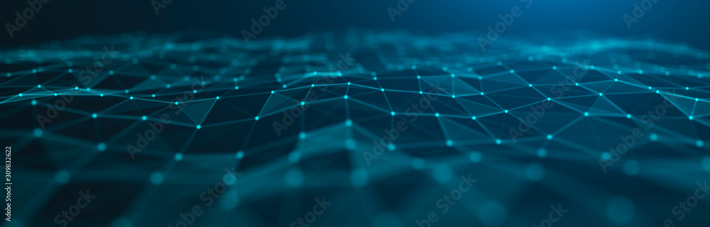 Poster wave 3d. wave of particles. abstract blue geometric background. big data visualization. data technol