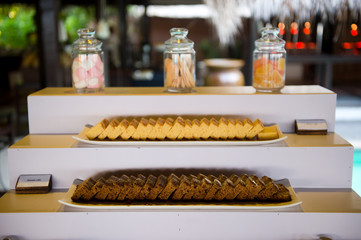 Delicious hotel restaurant allinclusive buffet with tasty food. Baking on plates