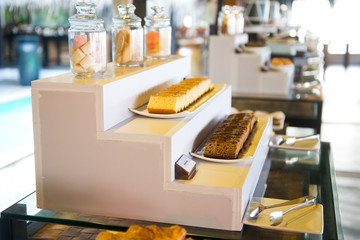 Delicious hotel restaurant allinclusive buffet with tasty food. Baking on plates