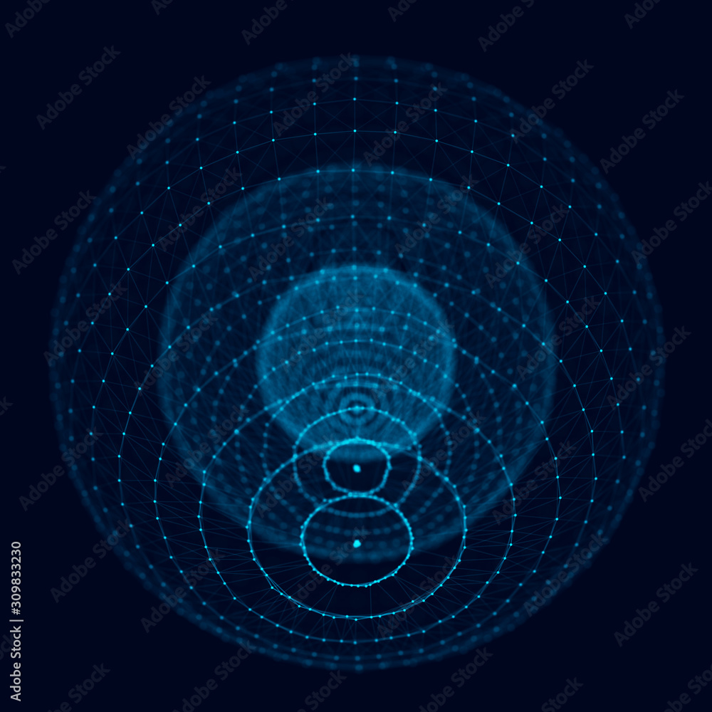 Poster abstract 3d sphere. sphere with twist lines. glowing lines twisting logo design. outer space object.