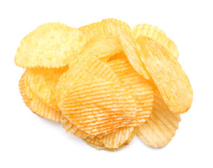 Tasty potato chips on white background