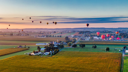 Hot air balloons rise into the air above American countryside in Pennsylvania © asafaric