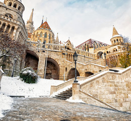 Fisherman's Bastion in early winter morning, snow-covered streets of Budapest
