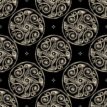 Seamless geometrical monochrome pattern with ethnic motifs. Round abstract mandalas based on Cretan Minoan art. Hand drawn rough sketches.