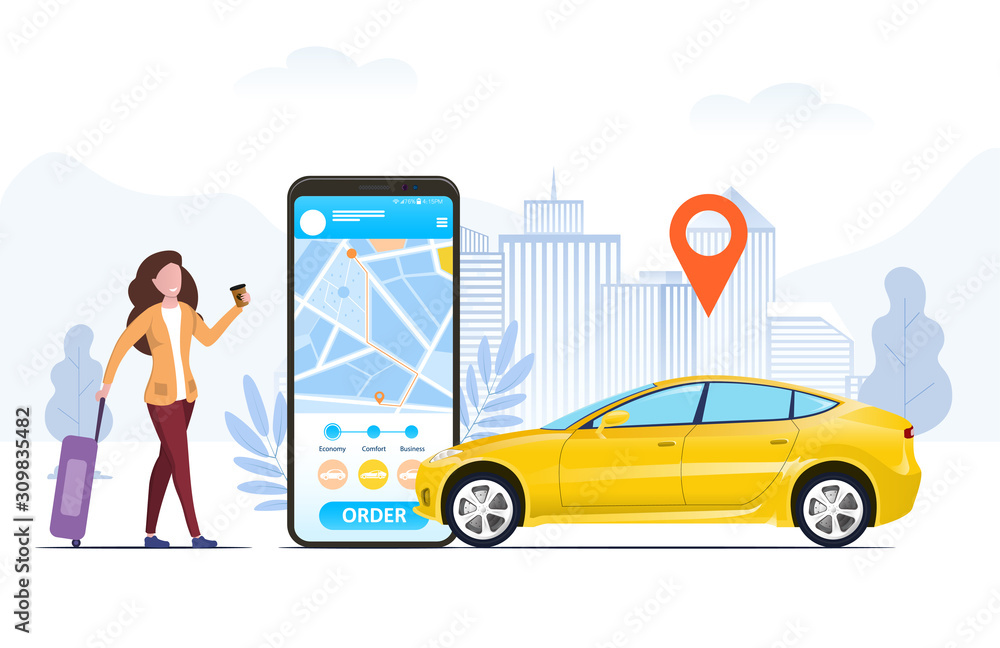 Poster tourist with a suitcase using a mobile ride hailing app to order a car from an urban location shown 
