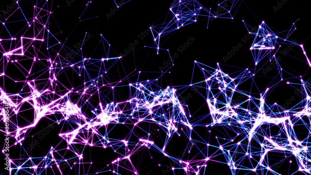 Poster round particles interconnected with a neon glow slowly move against a black background. abstract ani