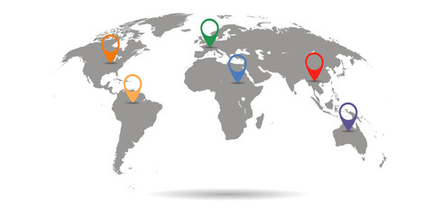 Vector world map with color pins. Grey color. 3d graphic background.