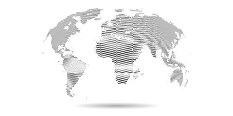 Vector dotted world map. Grey halftone color. 3d graphic background.