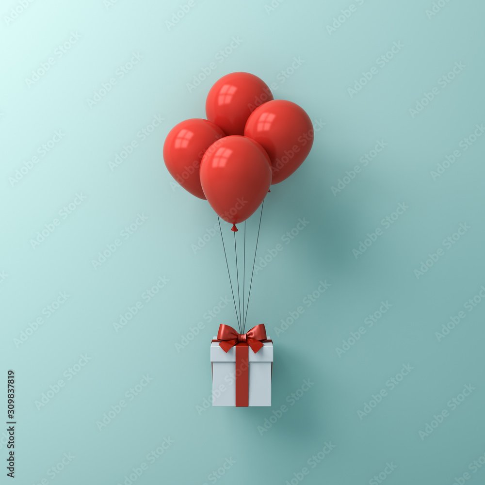 Poster gift box or present box with red balloons isolated on green blue pastel color wall background with s