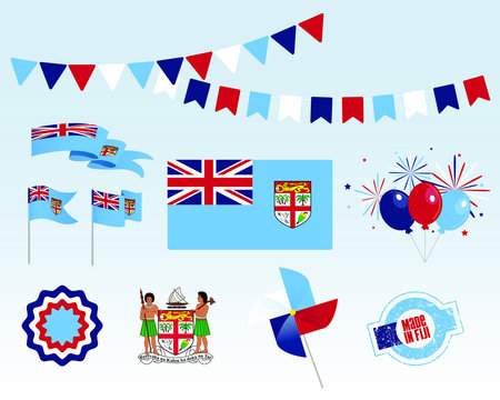 National holiday. Independence Day Fiji set of vector design elements, Made in Fiji. Map, flags, ribbons, turntables, sockets. Vector symbolism, set for your info graphics. October 10th