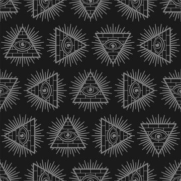 All-seeing Eye Background. Pyramid With An Eye Pattern Seamless. Symbol Of World Government. Illuminati Conspiracy Theory Texture. Sacred Sign Ornament