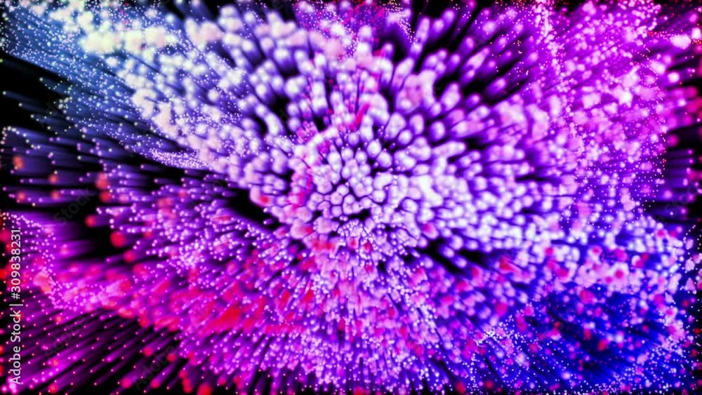 Poster round particles with neon glow fly slowly on a black background. abstract animated background. 3d re