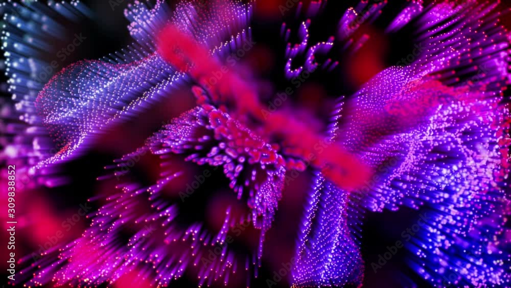 Poster round particles with neon glow fly slowly on a black background. abstract animated background. 3d re