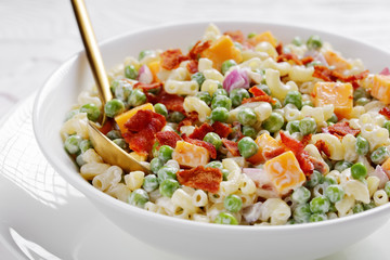 macaroni salad with green peas, fried bacon