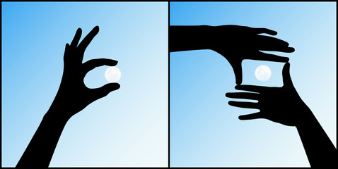 Set of hand gestures silhouettes on blue background. Moon in framing hands, hand holding planet satellite. Vector illustration with isolated elements for design