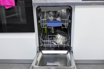 dishwasher in a white cupboard in a modern kitchen.