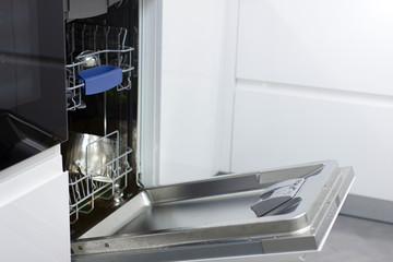 dishwasher in a white cupboard in a modern kitchen.
