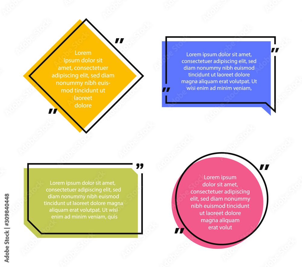 Poster super set different shape geometric texting boxes. colored quote box speech bubble. modern flat styl