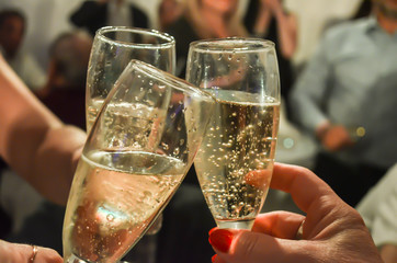 Three women hands holding champagne glasses close up.