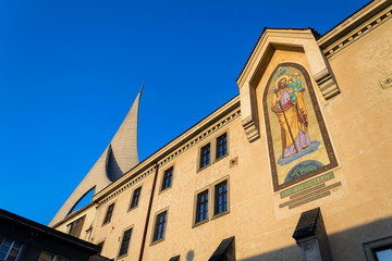 Mosaic of Saint Joseph with latin inscription Ite ad Joseph meaning Go to Joseph dedicated to abbot Benedict Sauter, Abbey Church and Emmaus monastery Na Slovanech, Prague, Czech Republic
