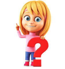 Cartoon character little girl in winter clothes and a big question mark on a white background. 3d render illustration.