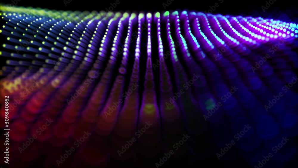 Poster round particles with neon glow move slowly on a black background. abstract animated background. 3d r