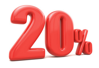 3d render illustration. Red twenty percent on a white background.