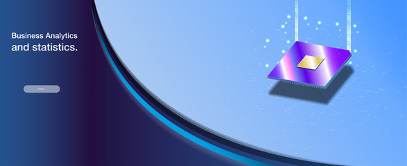 Quantum computer, large data processing, database concept.CPU isometric banner. Central Computer Processors CPU concept.Digital chip Futuristic microchip processor with lights on the blue background.